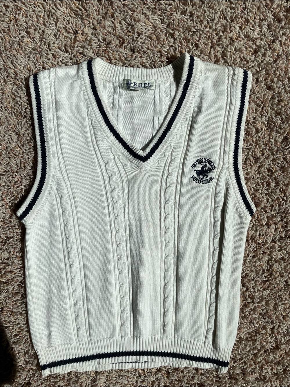 Beverly Hills Polo Club White Navy Cable-Knit V-Neck Sweater Vest Kids Size 6